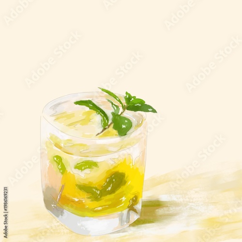 Tableau sur toile a classic mint julep cocktail with fresh mint leaves detail illustration