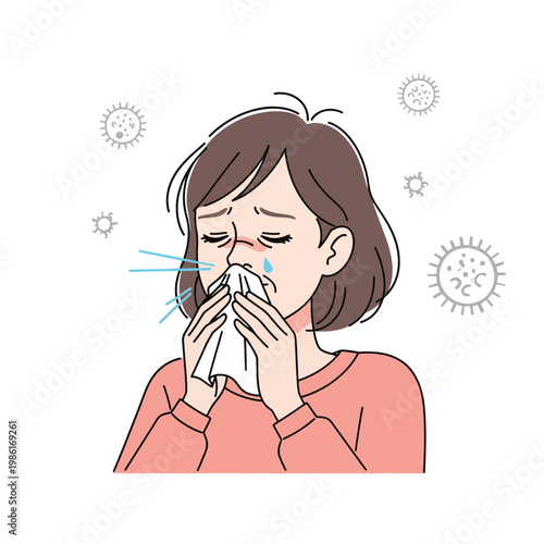 Illustration of a woman with a cold or allergies blowing her nose into a tissue, surrounded by virus particles.
