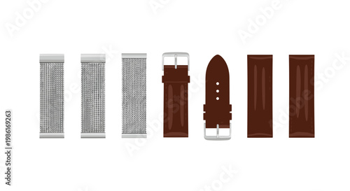 A professional set of watch straps featuring silver stainless steel mesh and rich brown leather bands is displayed vertically against a white background.