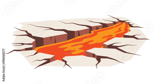 This detailed perspective illustration showcases a massive jagged fissure in the grey earth filled with a wide river of glowing orange molten lava streams.