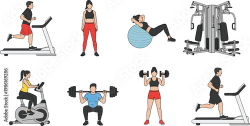 Cartoon People Gym Workout Fitness Exercise Equipment Set Collection Flat Vector Illustration Isolated Background