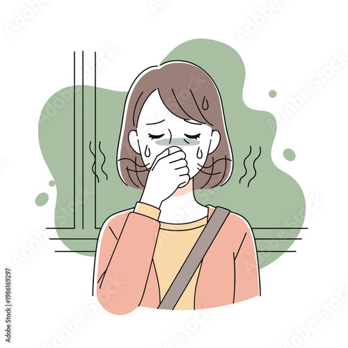 Illustration of a woman covering her nose with her hand, indicating she is experiencing a bad smell or odor. Her expression shows discomfort and distress.