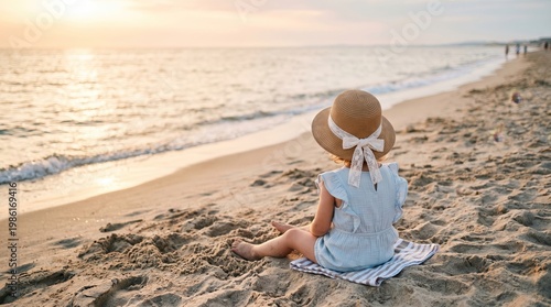 Child sitting on beach at sunset peaceful scene photography coastal environment serene viewpoint