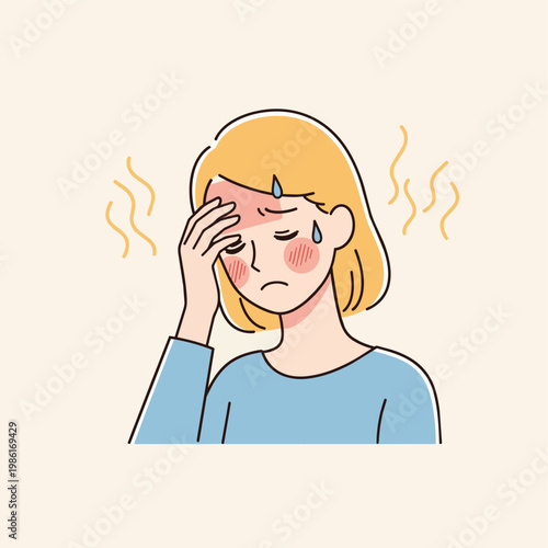 Illustration of a woman with a headache and fever, showing signs of illness with a hand on her forehead and steam emanating from her head.