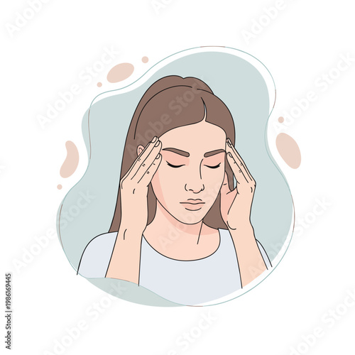 A woman with closed eyes is depicted holding her temples, suggesting she is experiencing a headache or stress. The illustration conveys discomfort and pain.