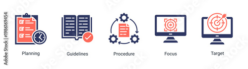 Planning basics icon set with workflow,guidelines,and goal-oriented concepts.Ideal for strategy,management,and business planning visuals.