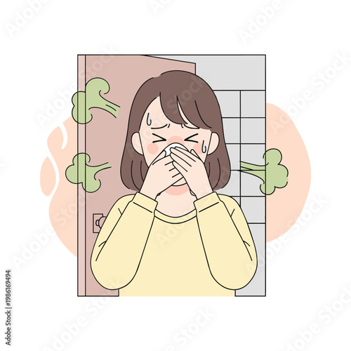 A woman is covering her nose and mouth, reacting to a bad smell in the bathroom. She is standing in front of a door, with green fumes emanating from the room.