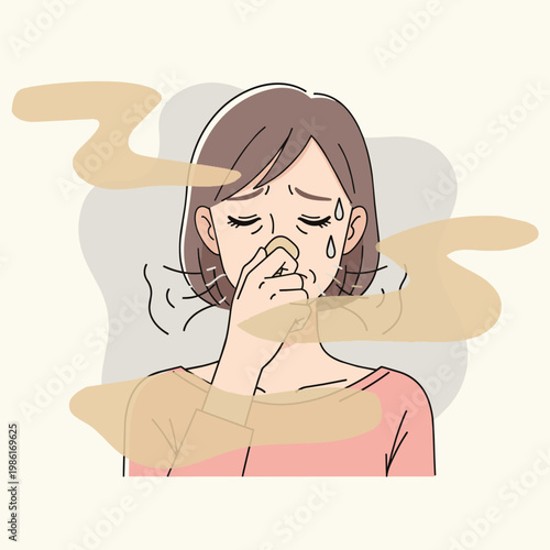 A woman is covering her nose with her hand, indicating a bad smell. She has a sad expression and tears in her eyes, surrounded by swirls of odor.