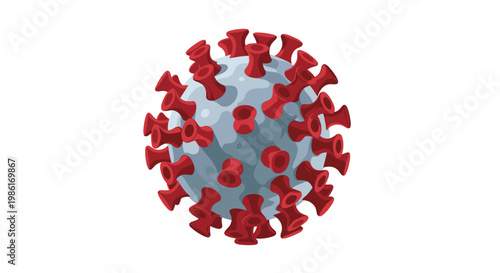 A detailed and scientifically accurate illustration of a spherical virus particle featuring prominent red protein spikes against a stark white background.