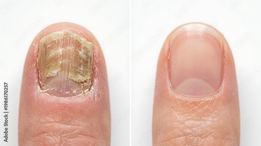 Fototapeta premium healthy and unhealthy fingernail comparison showing fungal infection and recovery