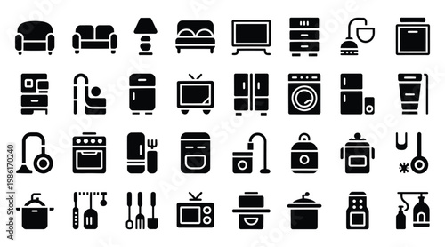 Collection of various household items and kitchen appliances icons on white background