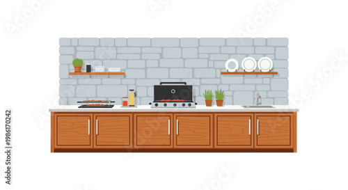 A comprehensive outdoor kitchen setup features warm wooden cabinets and a white countertop equipped with a grill and sink against a rustic stone wall.