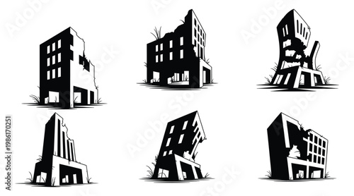 Collection of damaged and destroyed buildings in black and white illustrations