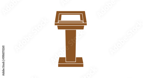 A classic brown wooden lectern stands prominently with a slanted top and a sturdy pedestal base designed for public speaking in a formal hall setting.