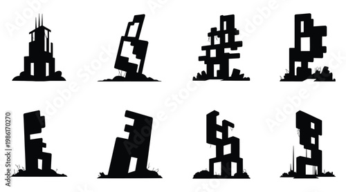 Collection of eight black silhouettes of abstract buildings on white background