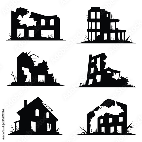 Collection of black silhouettes of damaged buildings and houses on white background