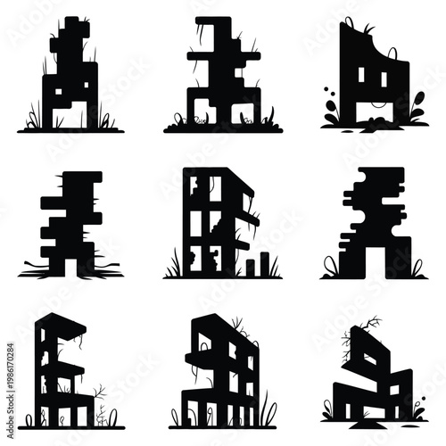 Collection of black silhouettes of ruined buildings with grass and weeds growing around them on white background