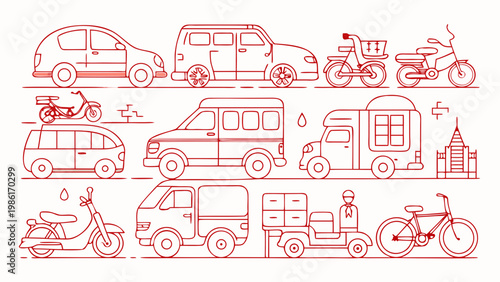Set of 20 vehicle line drawings in editable stroke style on white background