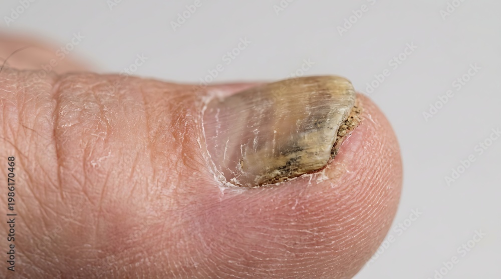 Fototapeta premium close up of a fungal infected toenail on a human foot toe with thickened discolored nail plate and surrounding skin