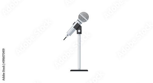 A professional silver dynamic microphone sits securely on a tall metallic stand within a minimalist white studio environment featuring soft neutral light.