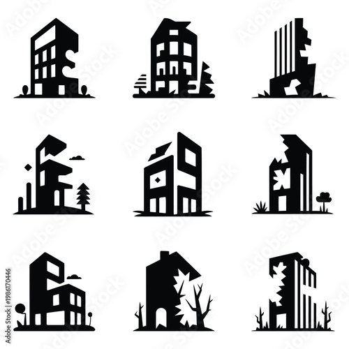 Collection of black silhouette city buildings with damaged structures and trees
