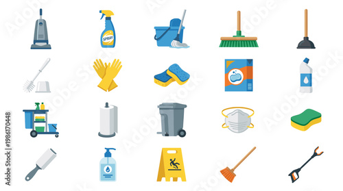Cleaning service icon set with mop, bucket, broom, gloves, spray bottle, sponge, caution sign, floor wiper and household sanitation tools in flat style