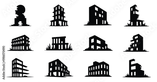 Collection of black silhouette buildings and structures on white background