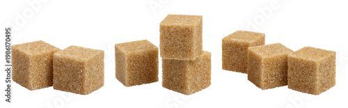 Konstfotografi Set of brown sugar cubes arranged in small stacks, isolated on transparent cutou