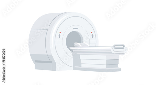 A sophisticated white magnetic resonance imaging machine with a pristine patient examination bed stands ready in a bright and sterile clinical environment.