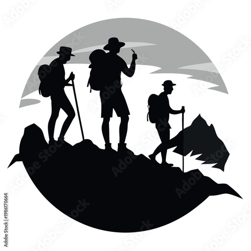 A black  and white silhouette of a group of hiking man 
