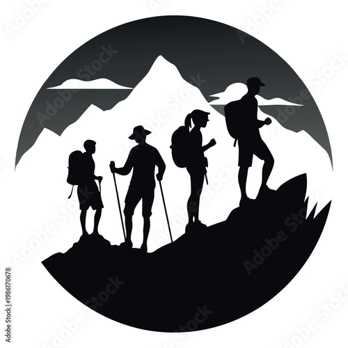 A black  and white silhouette of a group of hiking man 