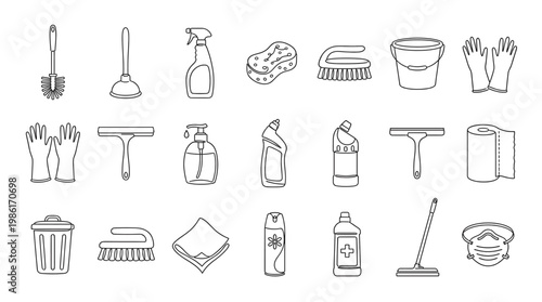 Housekeeping and cleaning tool icon set with mop, broom, gloves, bucket, sponge, brush, spray bottle and household sanitation supplies