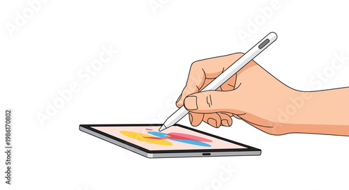 A human hand uses a precise white digital stylus to create vibrant colorful artwork on a sleek modern tablet against a plain white background.