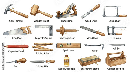 Woodworking hand tool icon set with hammer, mallet, plane, chisel, saw, level, toolbox, clamps and carpentry measuring tools in watercolor style