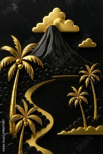 Golden volcano and palm trees on black marble background luxury 3D tropical landscape with elegant metallic gold clouds and winding gold river path
