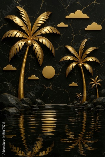 Symmetrical 3D gold palm trees and clouds reflected in black marble water surface with gold sun and mountain silhouettes in a premium luxury style