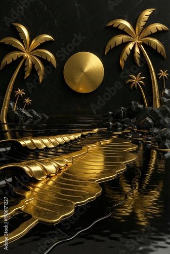 Luxury 3D abstract ocean scene with golden waves and palm trees on black marble water featuring a large metallic gold sun and dark rocky formations