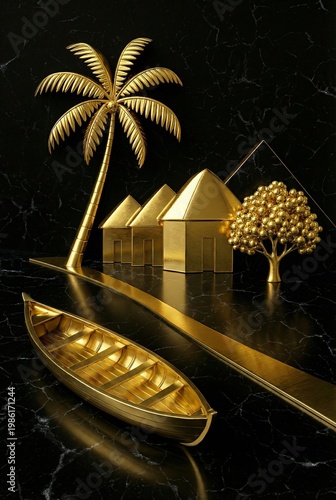 Exotic 3D village scene with golden huts and palm trees on black marble ground featuring a large gold boat and metallic tree in a luxury art concept