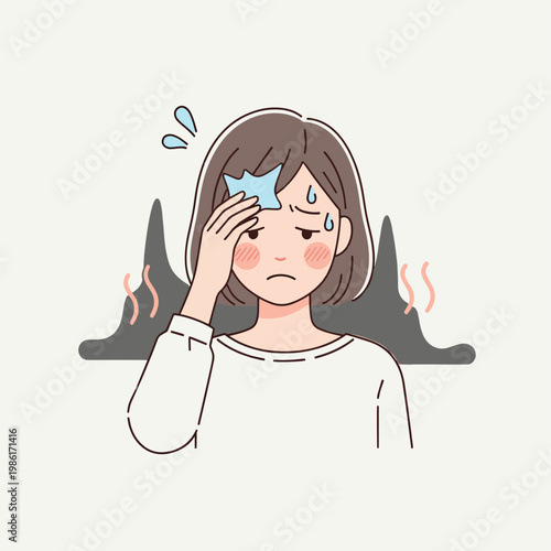 Illustration of a woman with a worried expression, holding a cold compress to her forehead, likely experiencing hot flashes or fever.