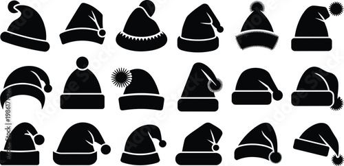 Black and white line collection of various hats and headwear styles line hats