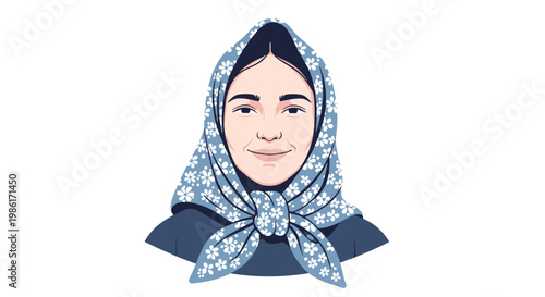 A smiling woman with dark hair wears a blue headscarf decorated with small white flowers, tied neatly under her chin against a plain white background.