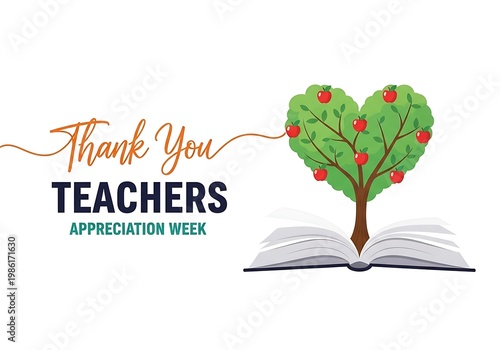 Heart-shaped green tree with red berries growing from open book for Teacher Appreciation Week concept