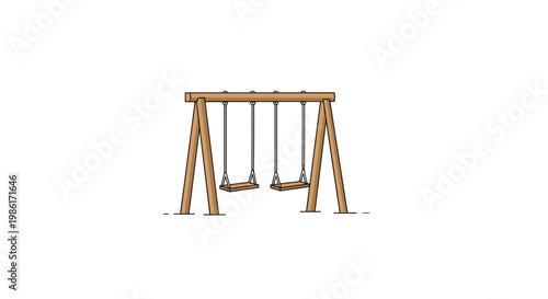 A classic wooden playground swing set featuring two empty seats suspended by thin metal chains stands ready for children in a minimalist outdoor park.