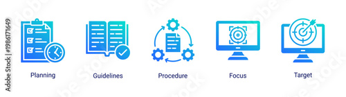 Planning basics icon set with workflow,guidelines,and goal-oriented concepts.Ideal for strategy,management,and business planning visuals.