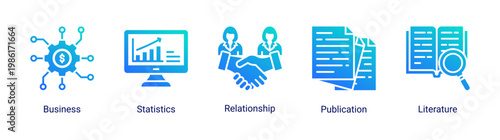 Business insight icon set featuring data analysis,communication,and reporting elements.Perfect for corporate and analytical design projects.