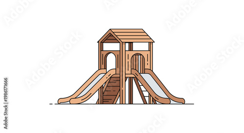 An elaborate wooden playhouse structure equipped with two separate slides and a central climbing ladder sits on a flat surface in a clean illustration.