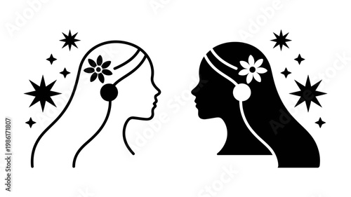 Elegant vector graphics of two women's profiles one in black and one in white with floral hair ornaments and glowing stars