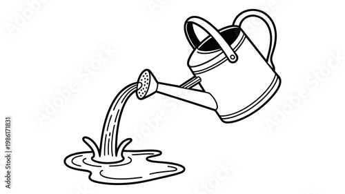 Simple line art illustration of a watering can pouring water onto a puddle on a white background
