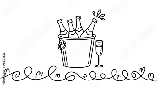 Hand drawn illustration of champagne bottles in an ice bucket with a glass and decorative border