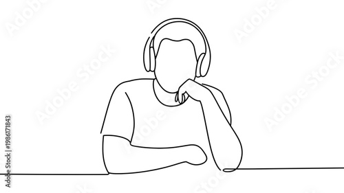 Continuous line drawing of a person wearing headphones listening to music with hand resting on chin